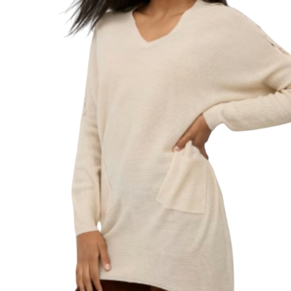 NY&C Women's L Ribbed Lagenlook Minimalist Modern Laceup Oversized Tunic Sweater